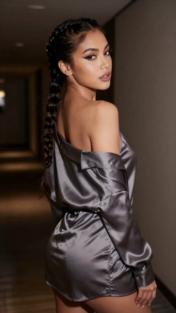 Fictional adult woman with long braided hair, age 27, satin blouse loosely open, playful over-the-shoulder glance,