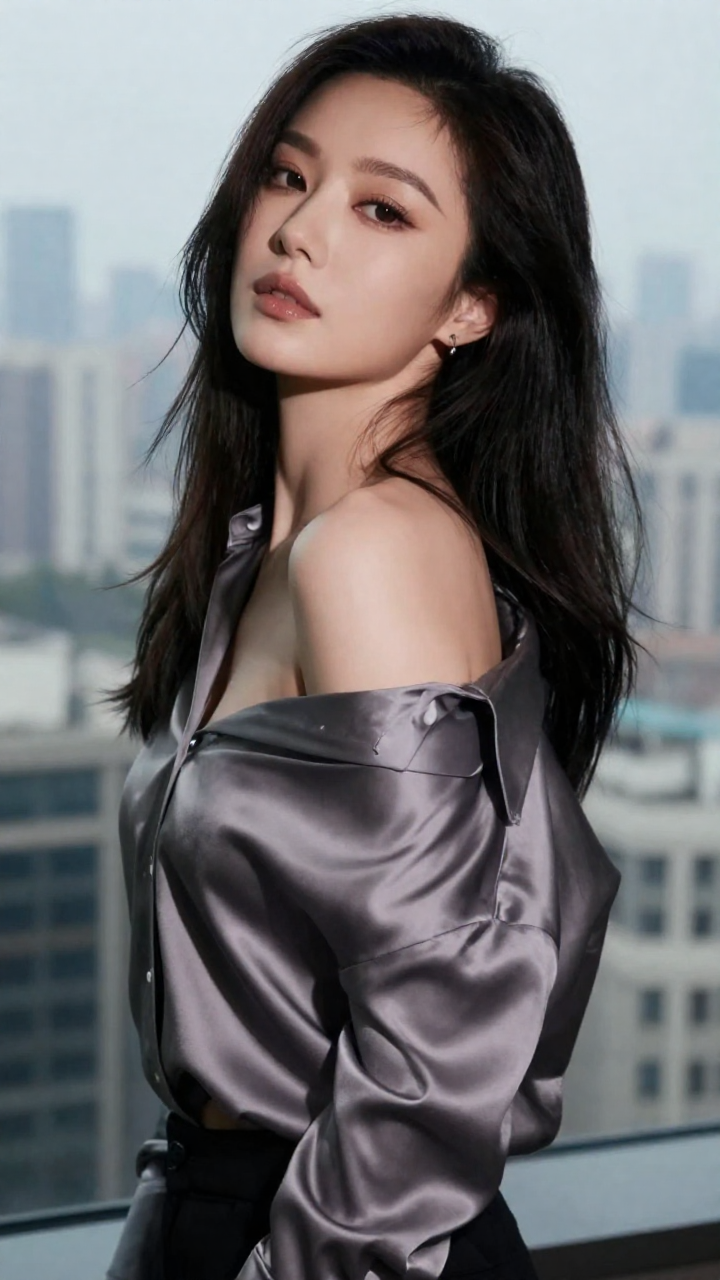 Fictional adult East Asian woman with long dark hair, age 33, satin blouse loosely open, playful