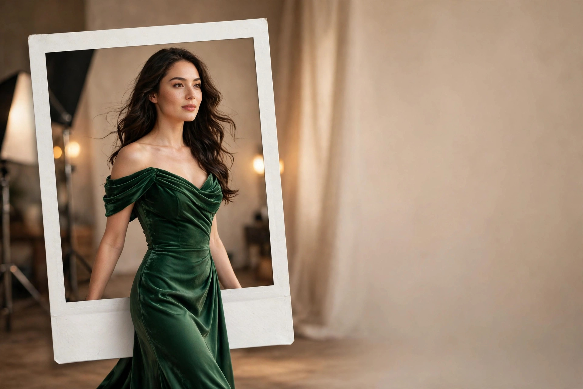 Photo editing AI cover art: woman in a jade evening gown before a softly glowing backdrop